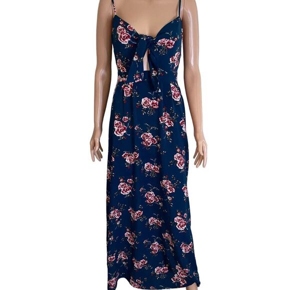 Dreamers maxi dress Navy blue floral print tie chest SZ SM V-neck top beach - Picture 2 of 10